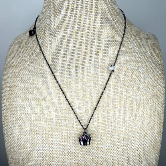Betsey Johnson Rhinestone Cupcake Pendant Necklace With Pearl & Heart Accents - Picture 2 of 12